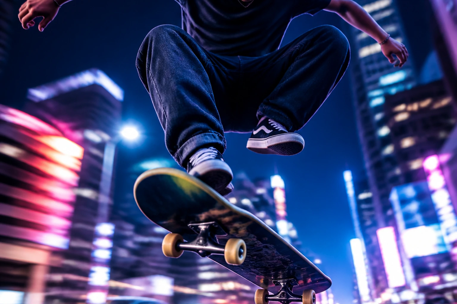 A still from a trending clip of a skateboarder mid-trick under neon city lights.
