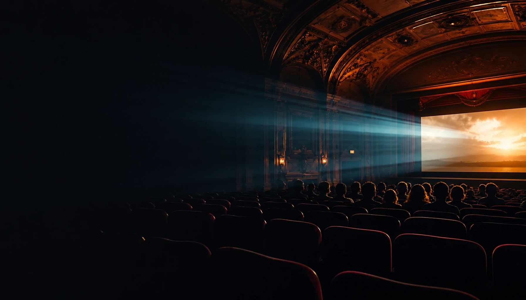 A grand old movie palace at night, its glowing screen lighting rows of velvet seats.