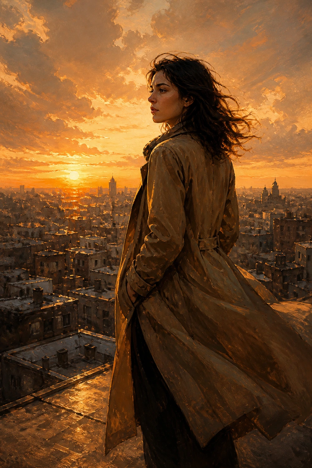 Poster art for Rooftop Light — a woman in golden-hour light above a city.