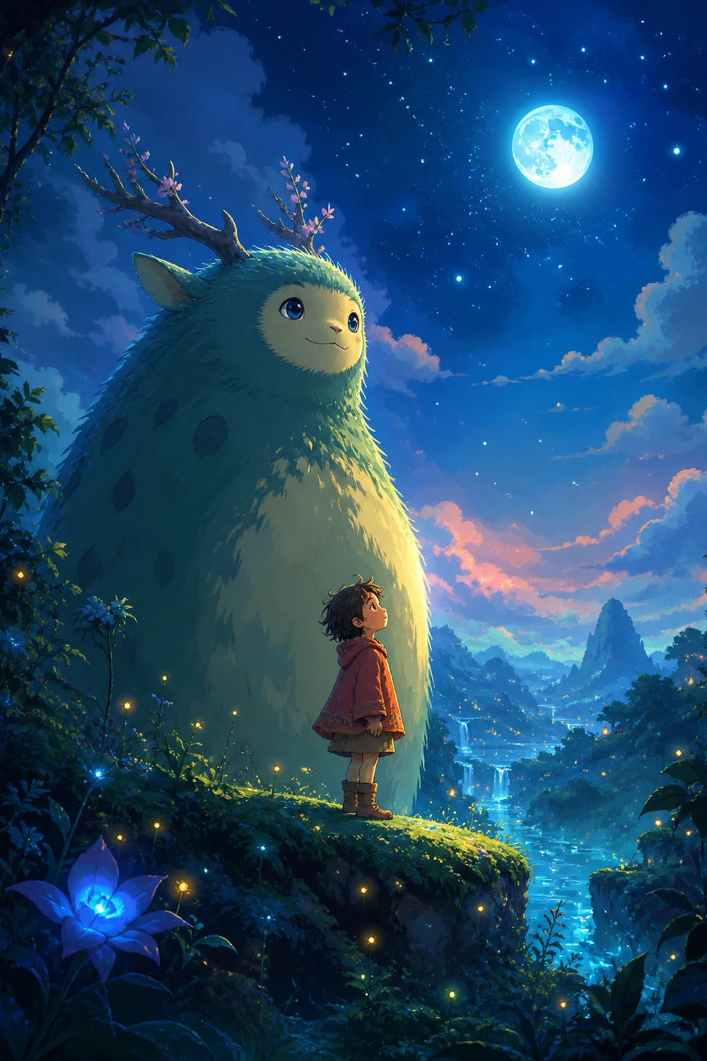 Poster art for The Forest Keeper — a child and a giant furry spirit under the stars.