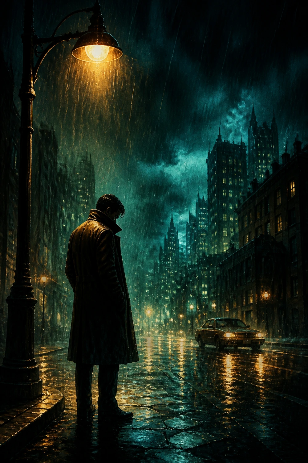 Poster art for Night Signal — a man under a streetlamp on a rainy street.