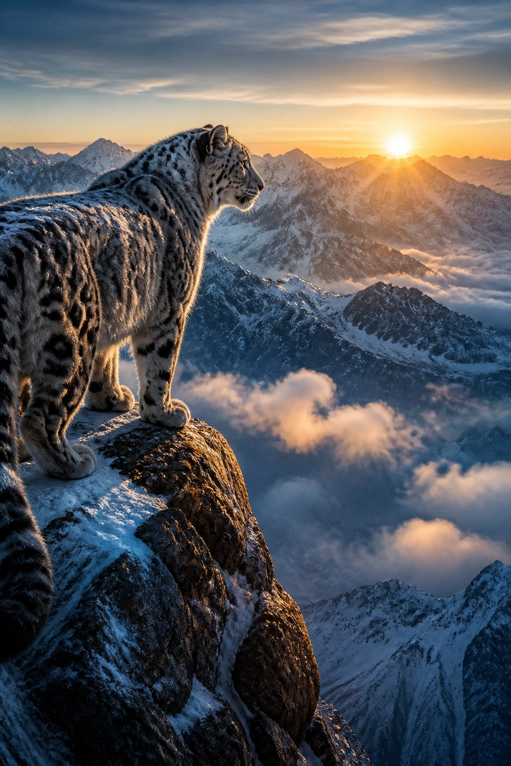 Poster art for Ghost of the Himalayas — a snow leopard on a cliff at dawn.
